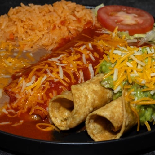 2 Rolled Taquitos, Enchilada Plate.