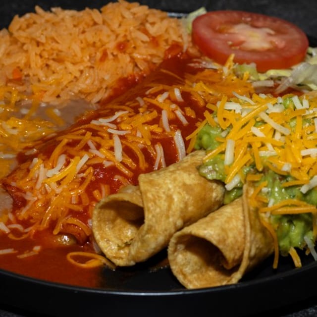 2 Rolled Taquitos, Enchilada Plate.