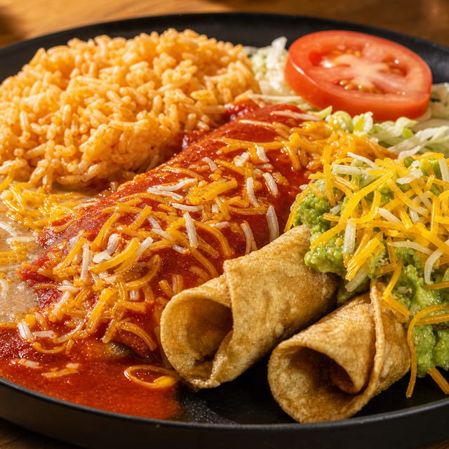 2 Rolled Taquitos, Enchilada Plate.