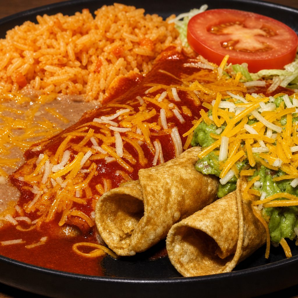2 Rolled Taquitos, Enchilada Plate.